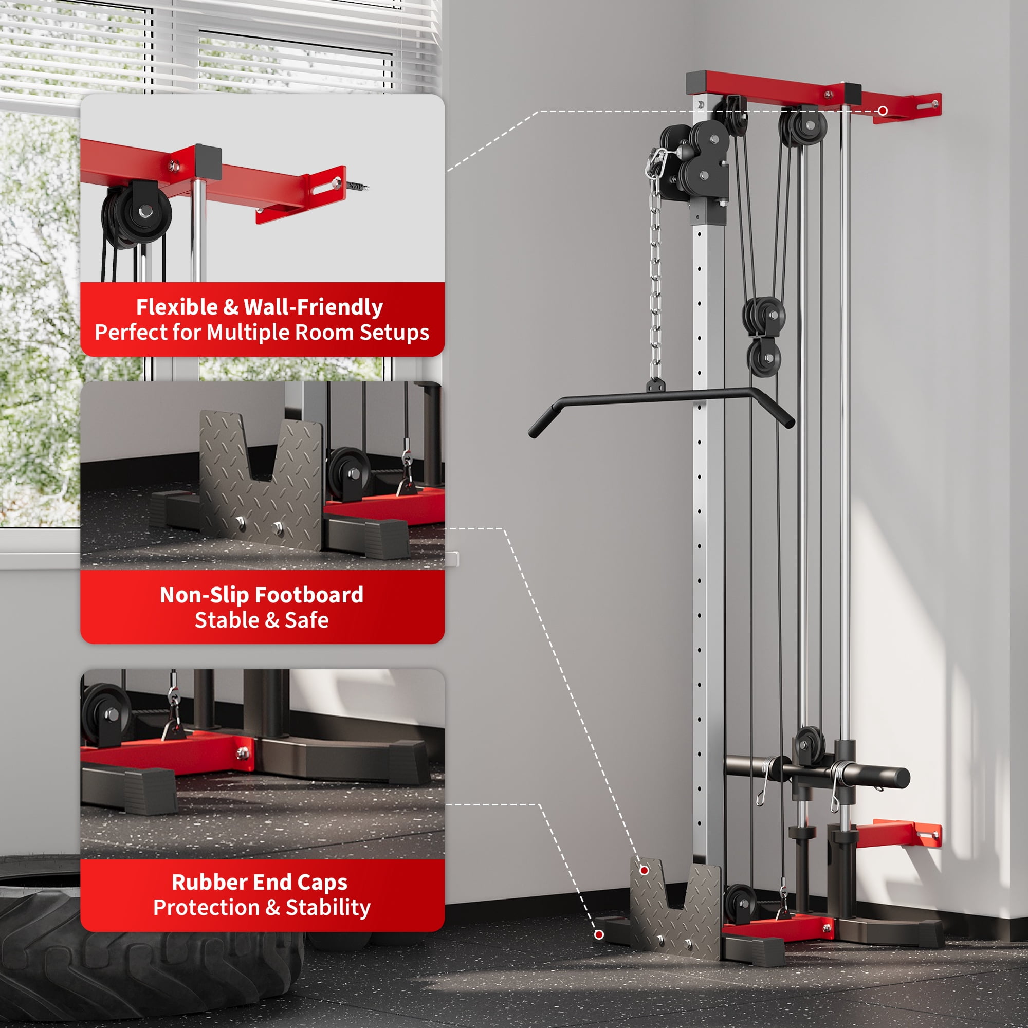 Wall-Mounted Cable Station – Dual Pulley Crossover Machine with Tricep Rope, T-Bar, Lat Pulldown Bar & Foot Board for Home Gym Strength Training