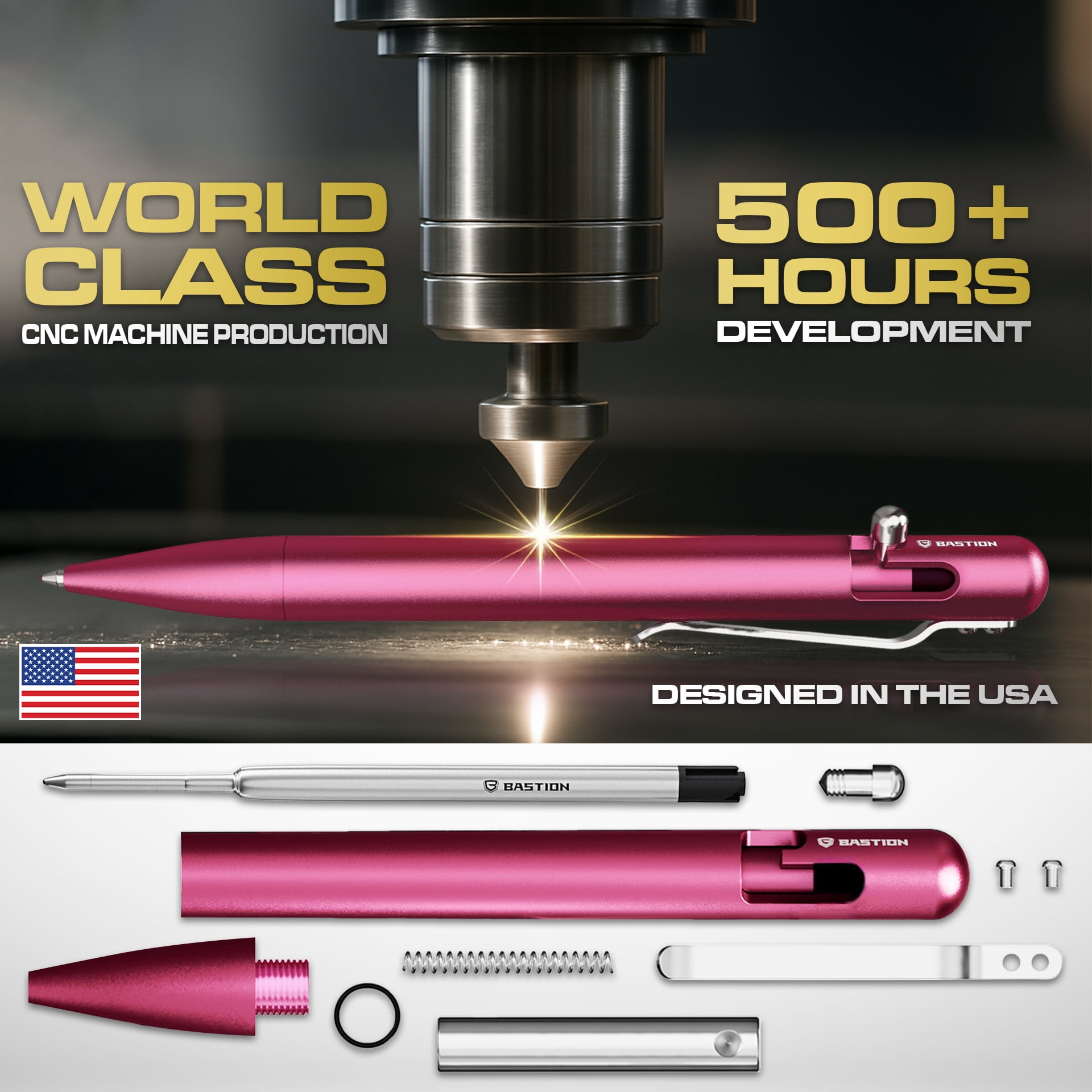 Bastion Aluminum Bolt Action Pen, Pink, Ballpoint Refillable, 1 Count