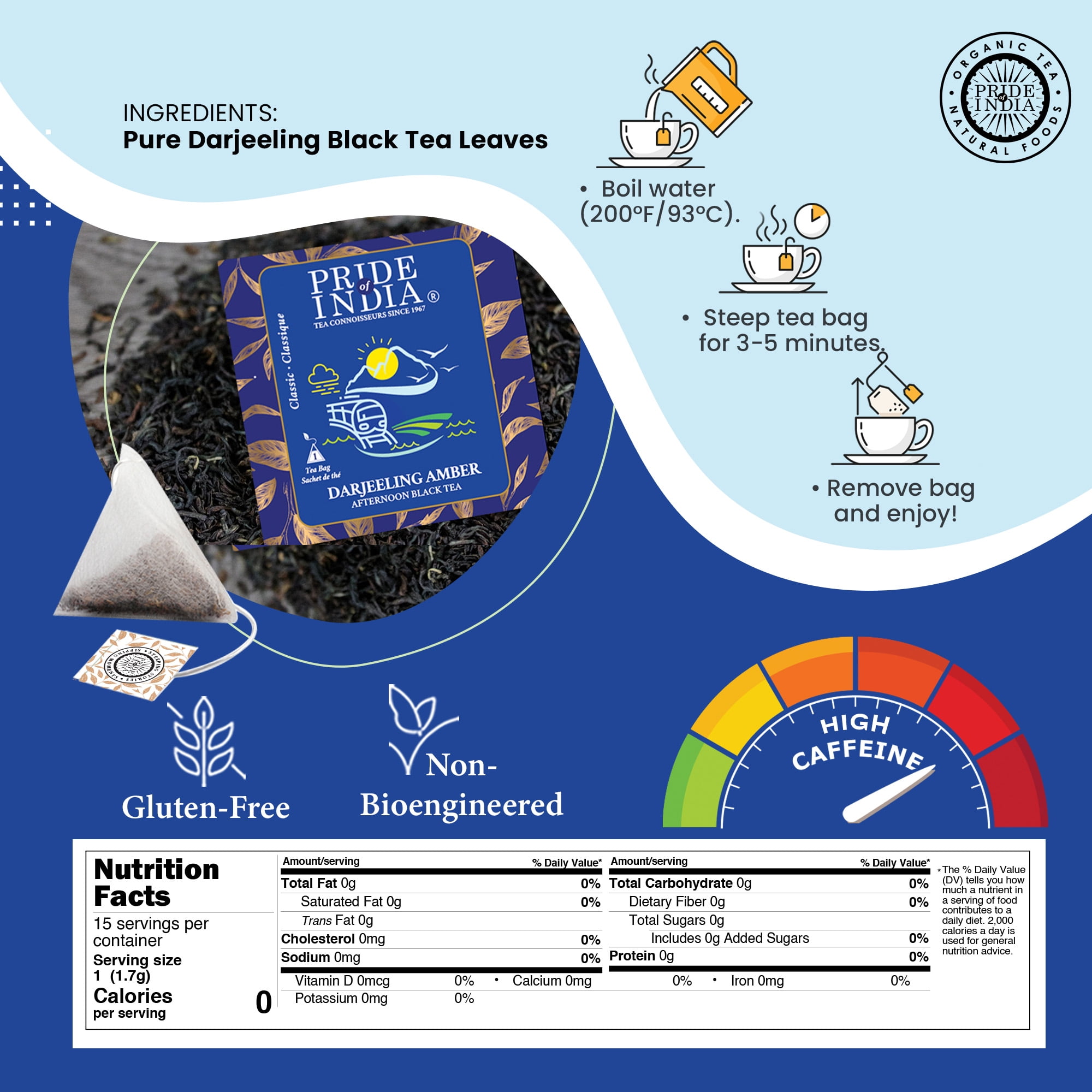 Pride of India | Darjeeling Amber Afternoon Black Tea | 15 Pyramid Full Leaf Individually Wrapped Tea Bags | Mellow, Smooth, Flowery Taste | Single Estate Certified Tea | Fragrant, High Caffeine