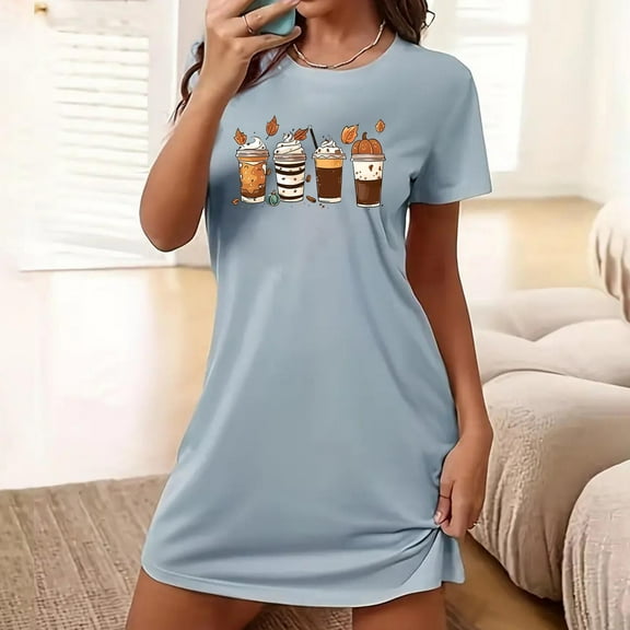 FDGIU Women's Cute Pajama Dress - Funny Printed Sleepshirt Short Sleeve, Loose Fit Nightgown & Loungewear