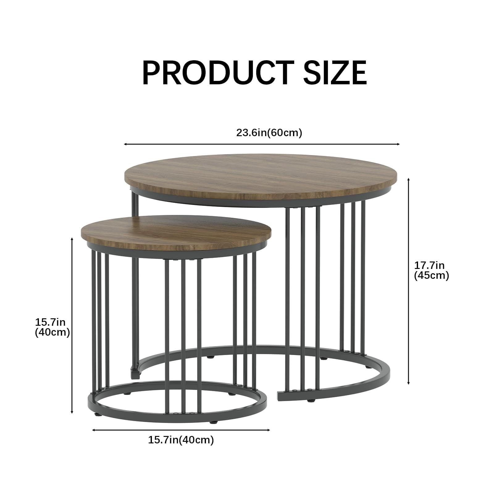 Nesting Coffee Table, 23.6" Round Coffee Table Set of 2, Wooden Nesting Table with Metal Frame, Ceter Tables for Living Room Bedroom Balcony, Brown