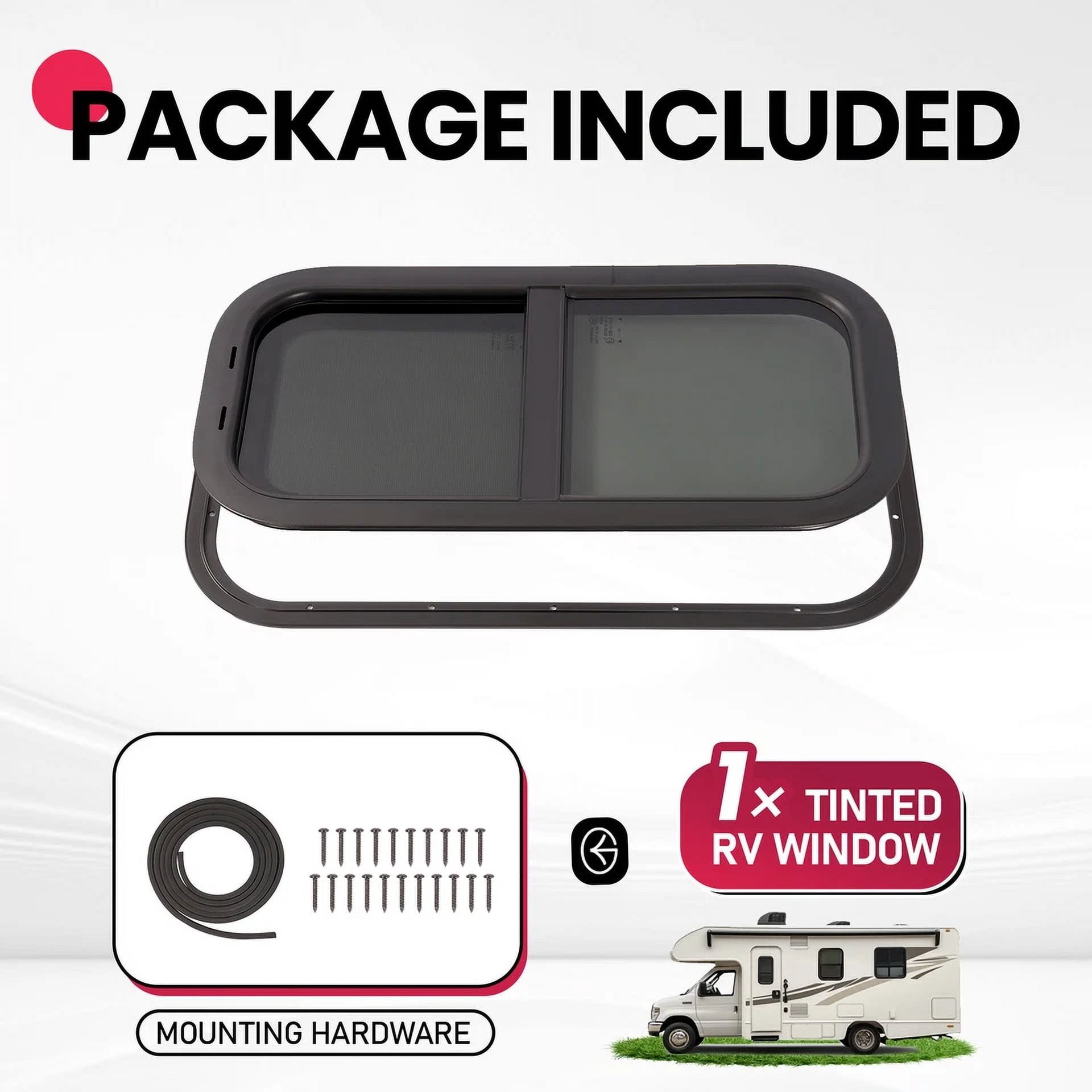 Kojem 12"W x 24"H RV Window Universal W/Net Screen and Trim Ring Vertical Slide Window Tempered Glass Aluminium Plastic Rubber