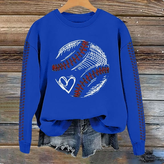 HLKJKLS Oversized Sweatshirt For Women Spring Baseball Print Crew Neck Loose Casual Hoodie Top Blue S-Xxl