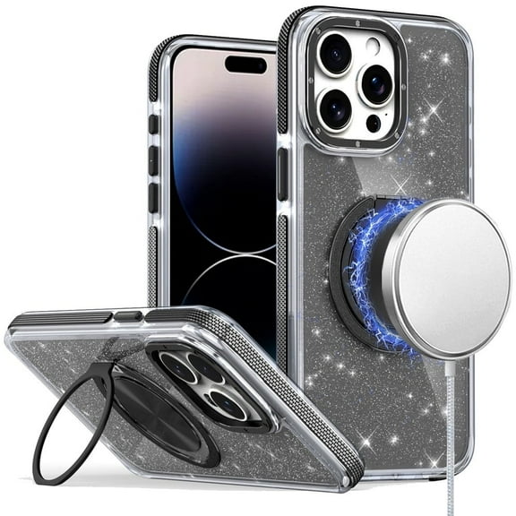 For Apple iPhone 16 Pro (6.3") Case, Slim Bling Glitter Sparkly Shimmer Hybrid with Magnetic Ring and 360° Rotational Stand [Compatible with Magsafe] Phone Cover (Black)