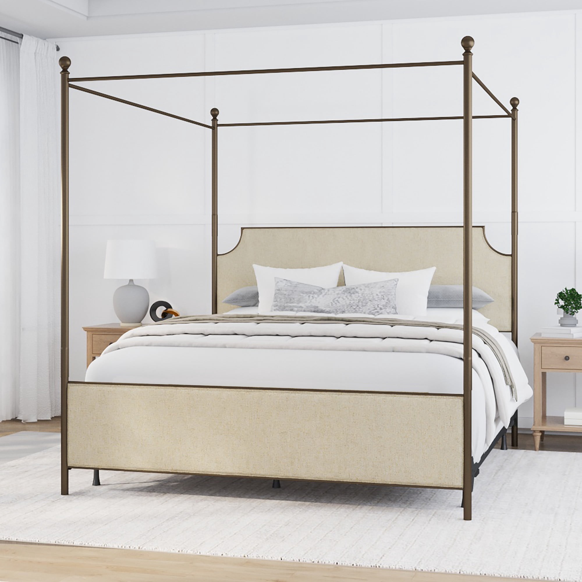 Hillsdale Furniture McArthur Metal Upholstered Canopy King Bed, Bronze with Linen