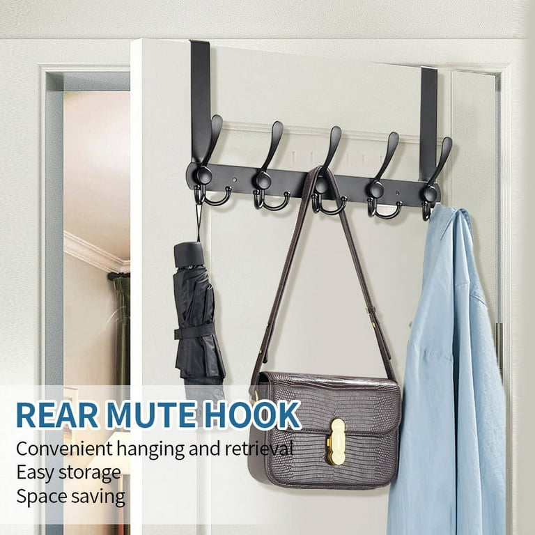 Over The Door Hooks,Over The Door Towel Rack with 6 Coat Hook,Heavy Duty  Over Door Hanger Stainless Steel for Coats Robes,Hanging Towel Rack Back of  Bathroom Bedroom Door,Silver 