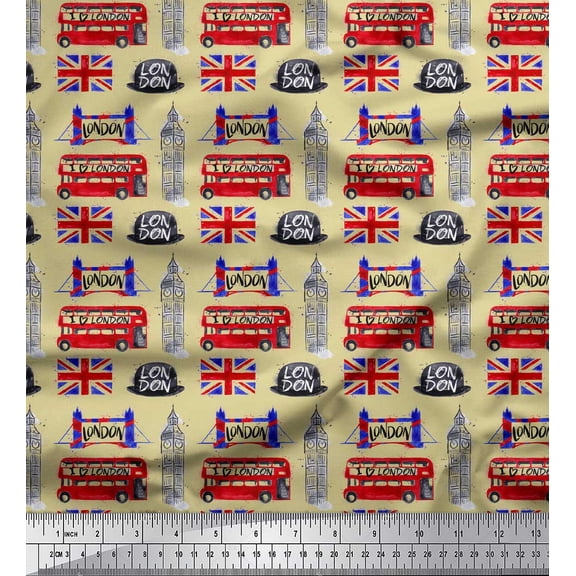 Soimoi Beige Poly Georgette Fabric London Theme Architectural Print Sewing Fabric Yard 52 Inch Wide