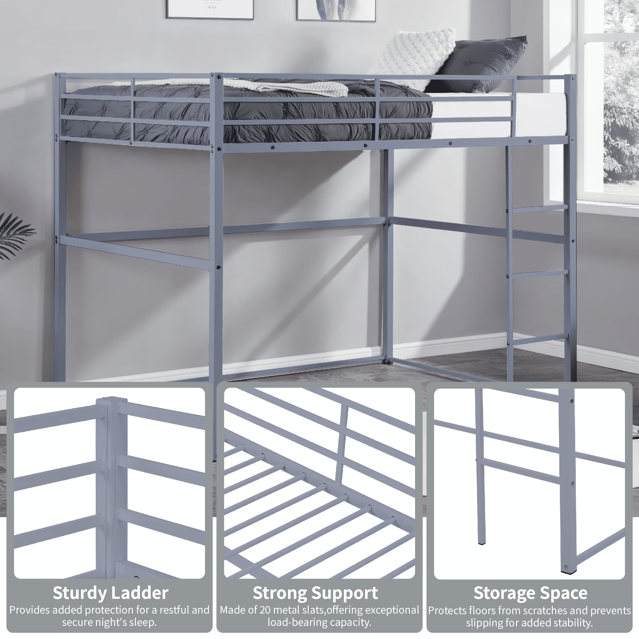 MAYEERTY Twin Size Metal Loft Bed with Safety Guard Rails & Flat Ladder, Bed Frame for Kids Teens Adults, Gray