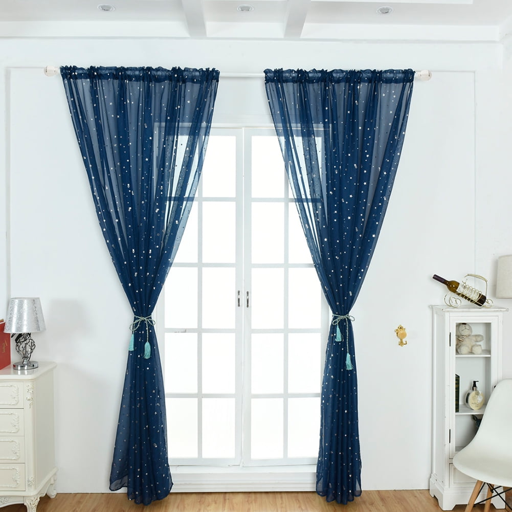 1PC Sheer Curtain Home Valance Silver Star Printed Window Gauze Drape Panel New 
