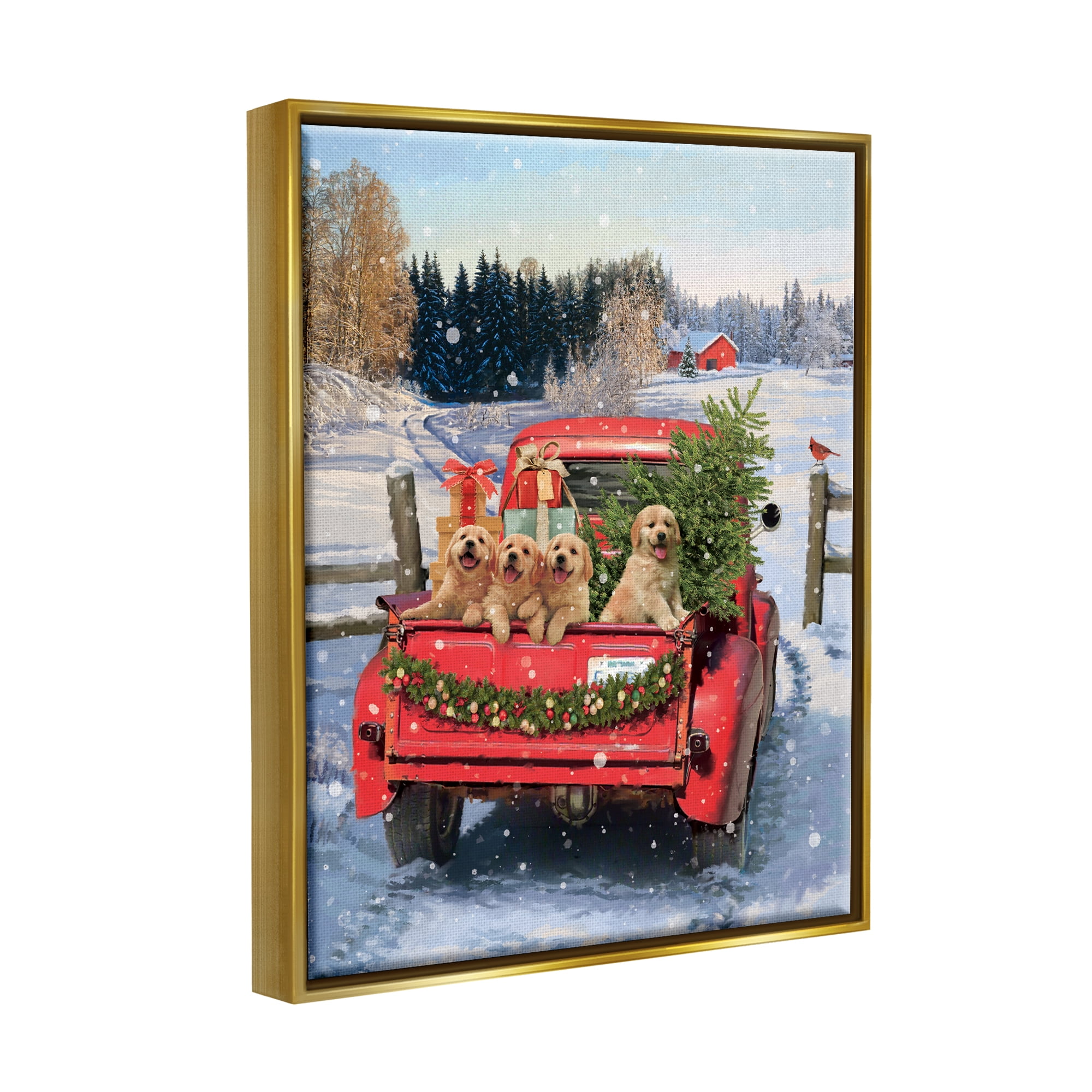Stupell Industries Puppies in Holiday Truck Holiday Painting Gold Floater Framed Canvas Art Print Wall Art, 25 x 31