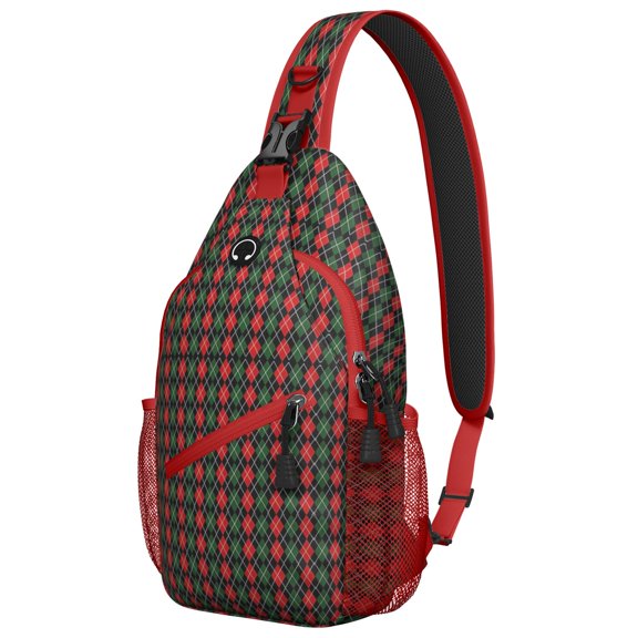 Sling Backpack,Multicolor Christmas Pattern Sling Bag with Water Bottle Holder,Waterproof Sling Bag for Men/Women with Headphone Jack for Hiking,Travel