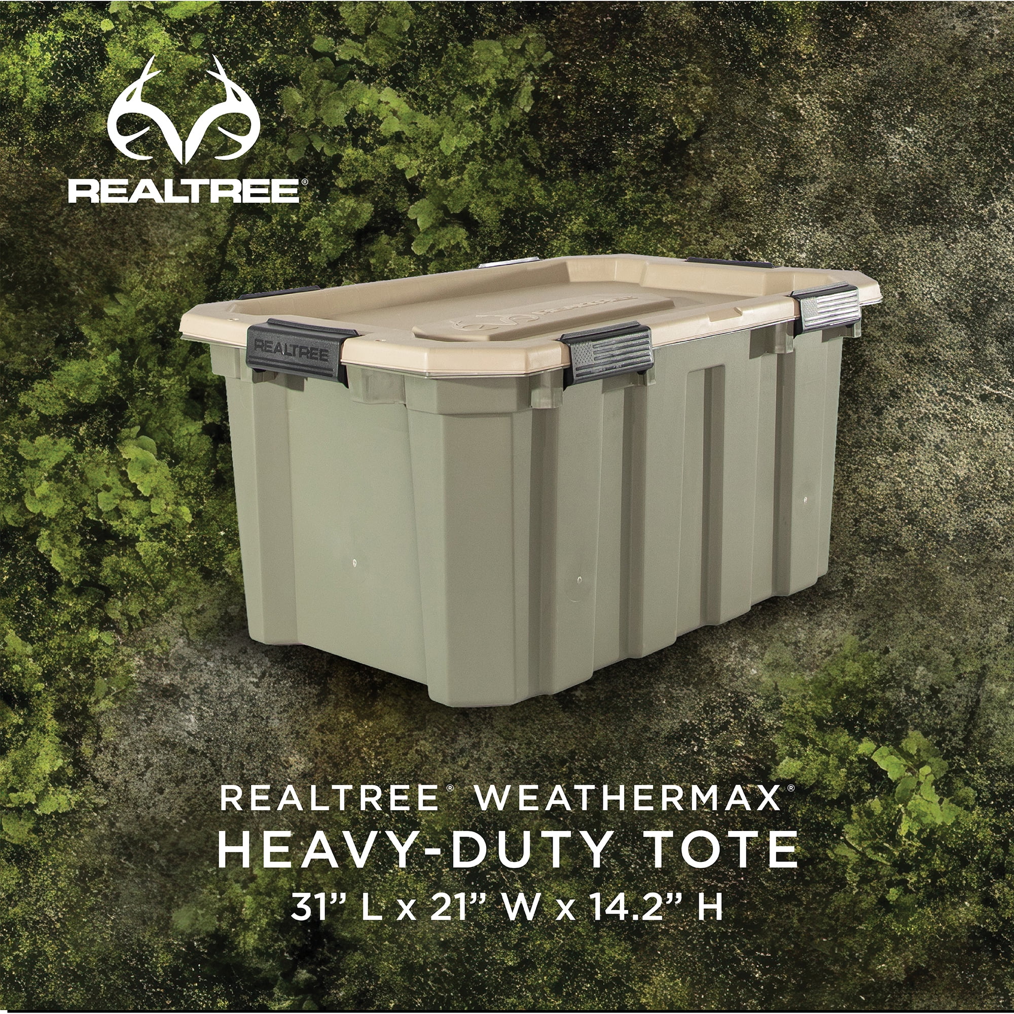 Realtree® WEATHERMAX™ 24 Gallon Green and Tan Storage Tote with Latching Lid, Heavy Duty Plastic Storage Bin, Pack of 2