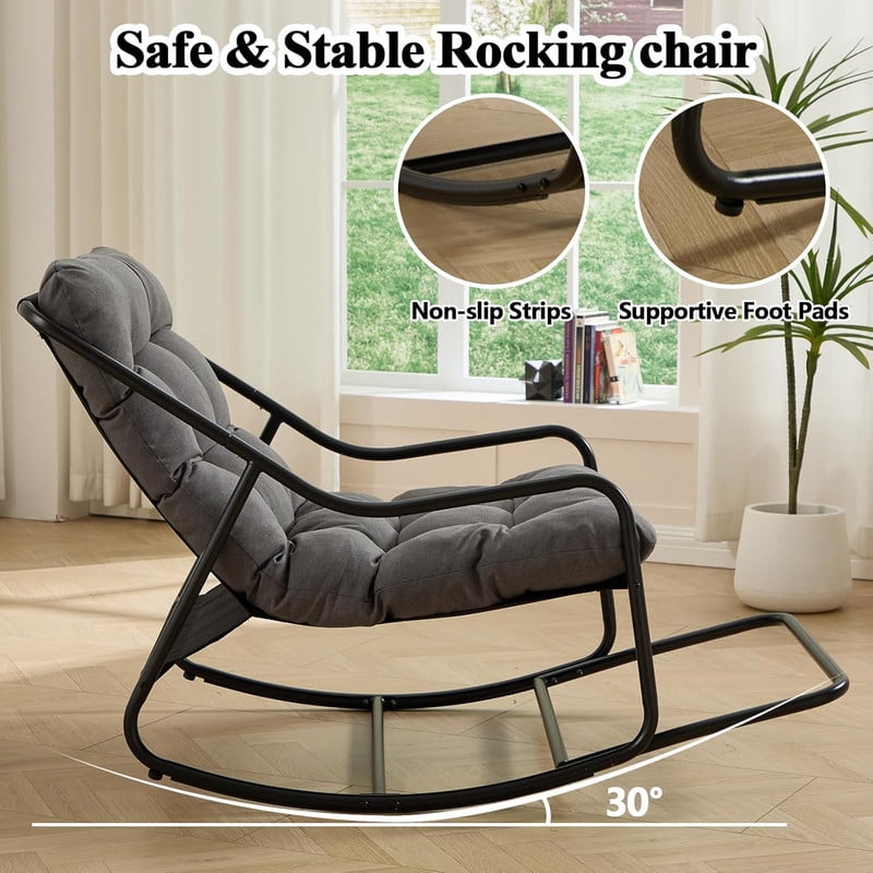 Outdoor Rocking Chair, Papasan Rocking Chair with Metal Frame, Comfy Rocker Lounge Chair for Living Room Porch Patio Garden
