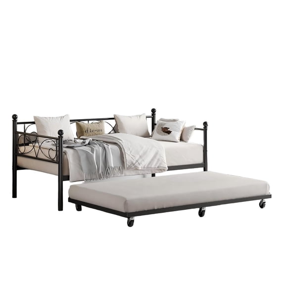 Twin Daybed with Pull-Out Trundle - Metal Sofa Bed Frame with Ornate Headboard and Steel Slats, Set, Black