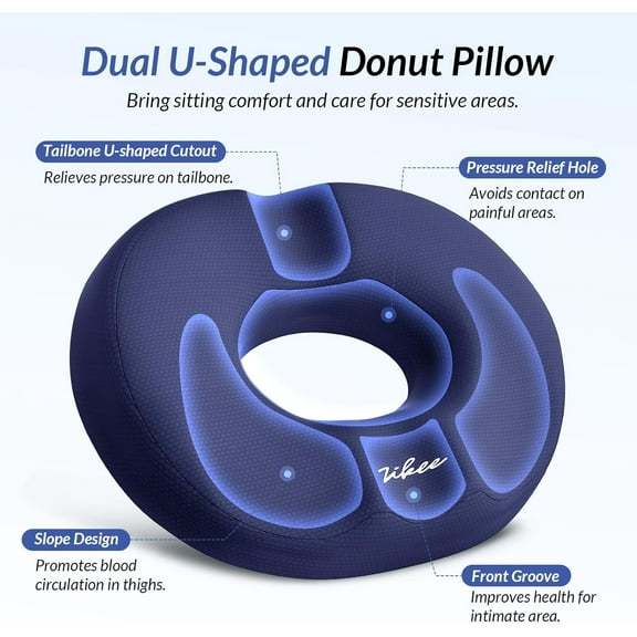 Donut Pillow for Tailbone Pain, Hemorrhoid Pillow for Sitting with Pressure Relief Hole & Slope Design, Memory Foam Donut Seat Cushion for Coccyx, Postpartum and Post Surgery Sitting Relief