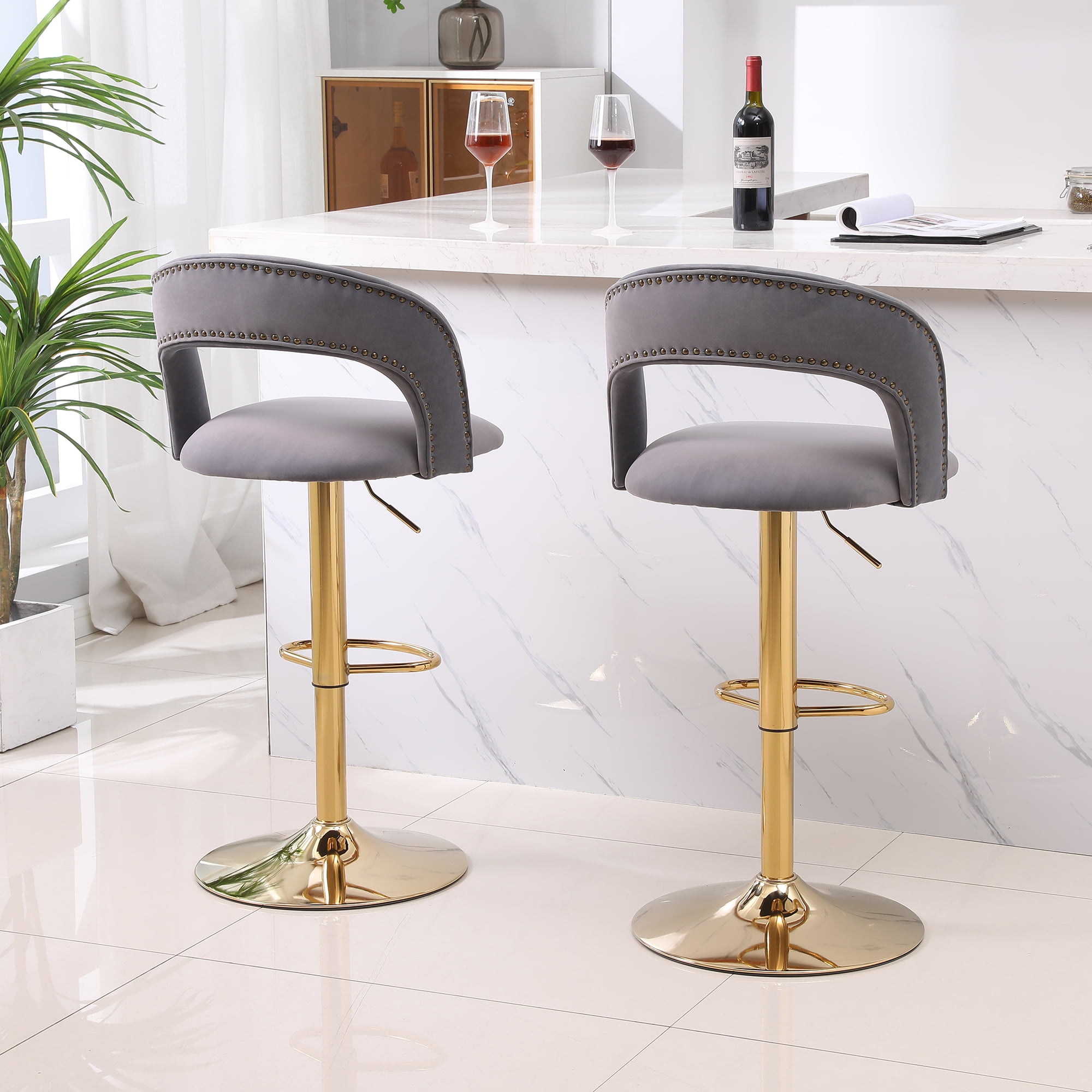 YYAo Swivel Bar Stools Chair Set of 2, Modern Adjustable Counter Height Bar Stools, Velvet Upholstered Stool with Back& Footrest for Kitchen, Grey YYAo Swivel Bar Stools Chair Set of 2, Modern Adjustable Counter Height Bar Stools, Velvet Upholstered Stool with Back& Footrest for Kitchen, Grey