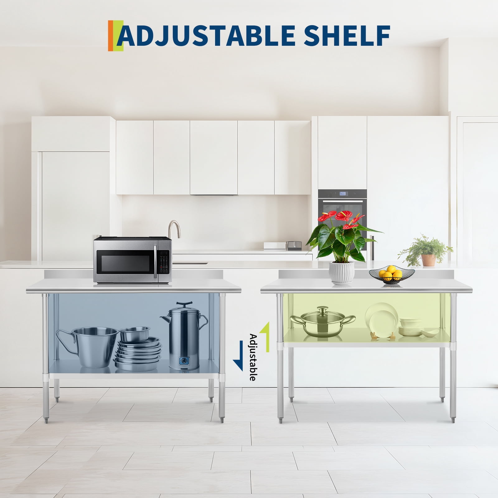 Trilenars 24 x 48 Inches Stainless Steel Table,Metal Prep Worktable with Undershelves and Backsplash for Commercial Kitchen, Outdoor, Restaurant, Adjustable Height