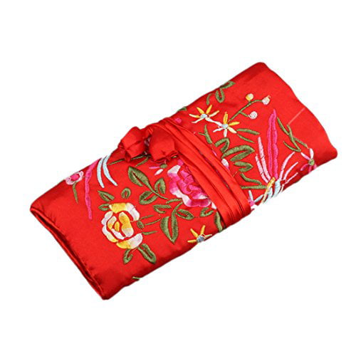 Embroidered Red  & Multi-Color Brocade Jewelry Travel Pouch Roll-up Case w/ Ties 