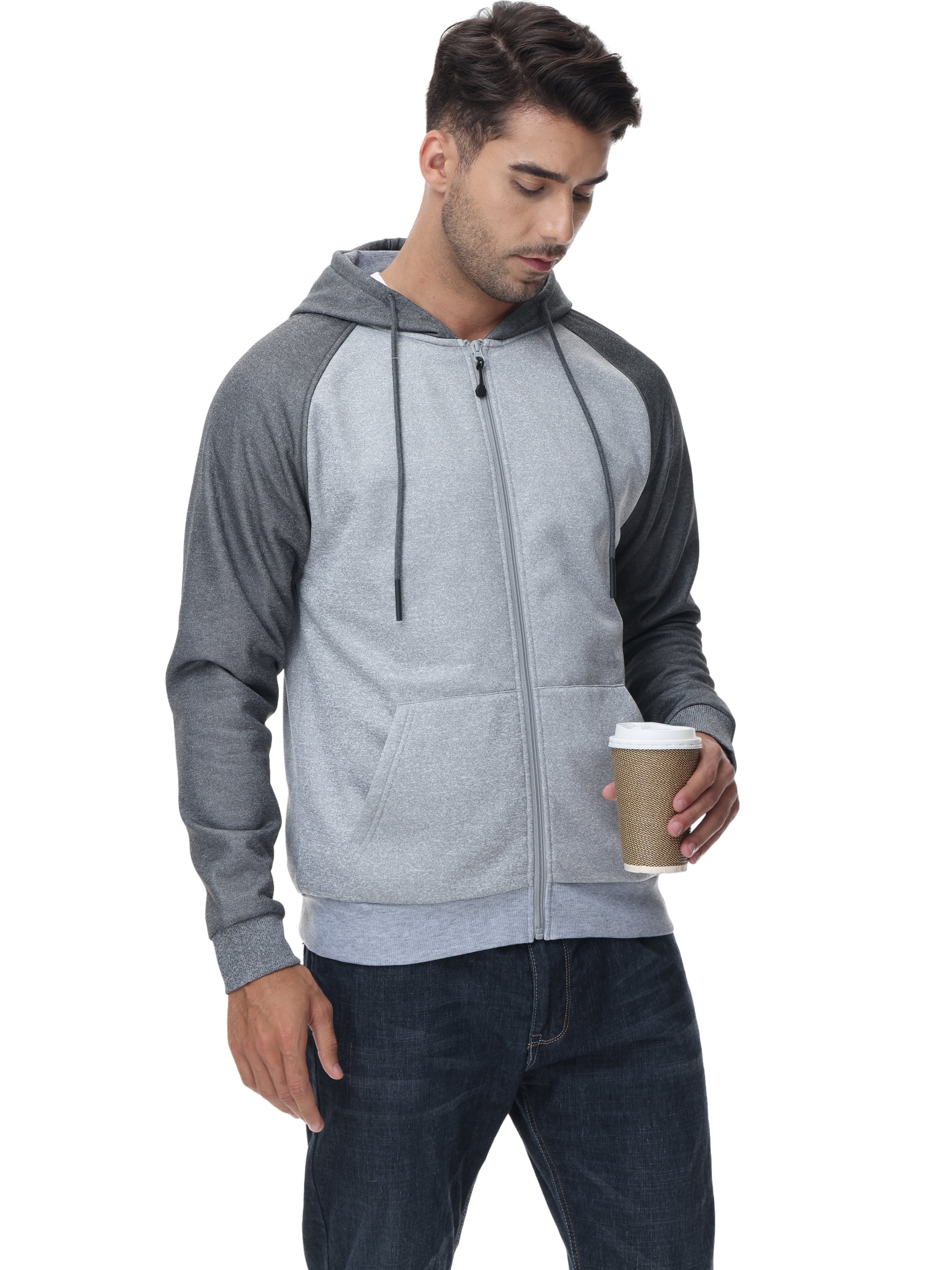 Weilanxin Men's Color Block Pullover Fleece Hoodie Casual Hooded Sweatshirts Tops Full Zip Jacket with Pocket Athletic Hoodies For Men Dark Grey Contrast Light Grey S