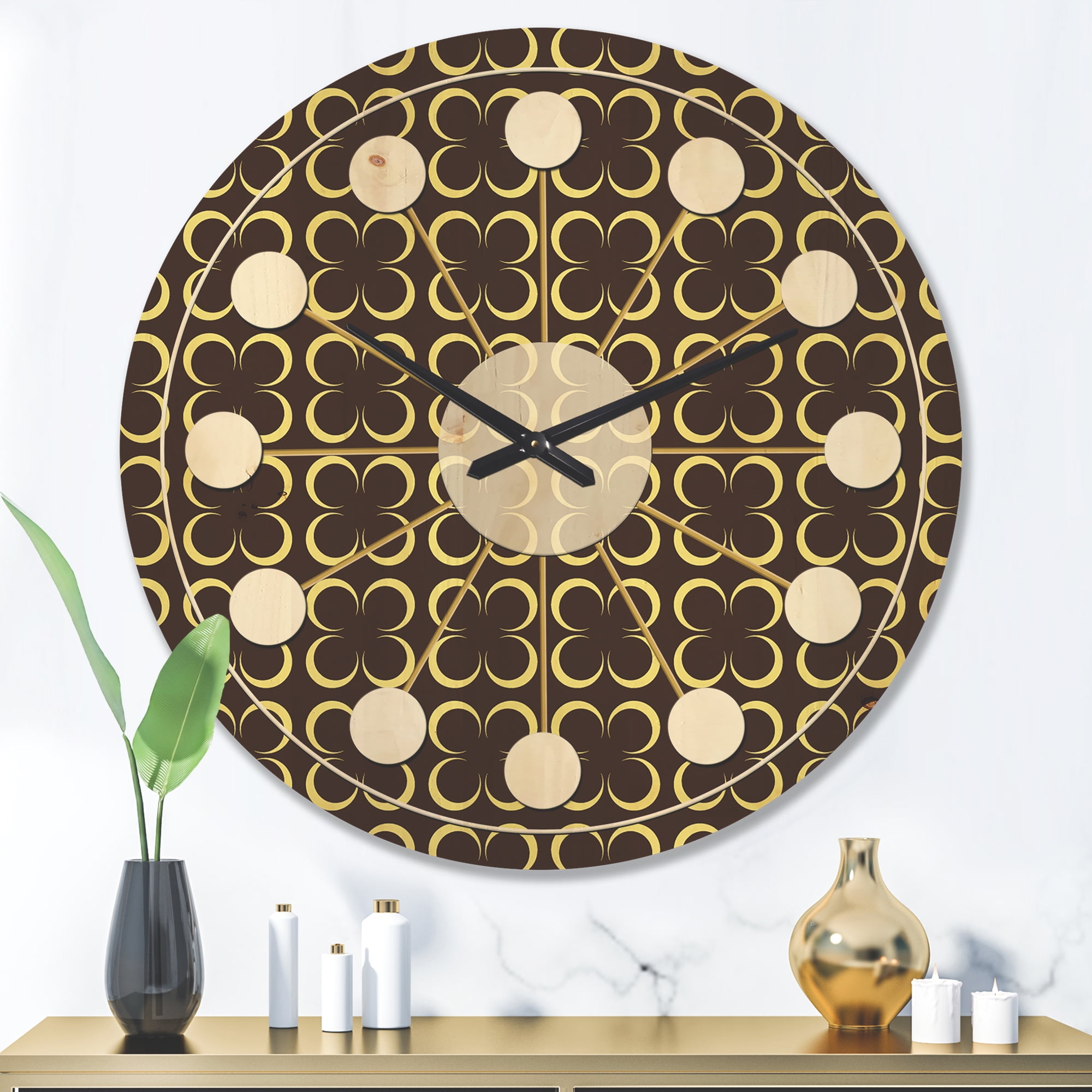 Designart 'Retro Pattern Over Floral II' Mid-Century Modern Wood Wall Clock