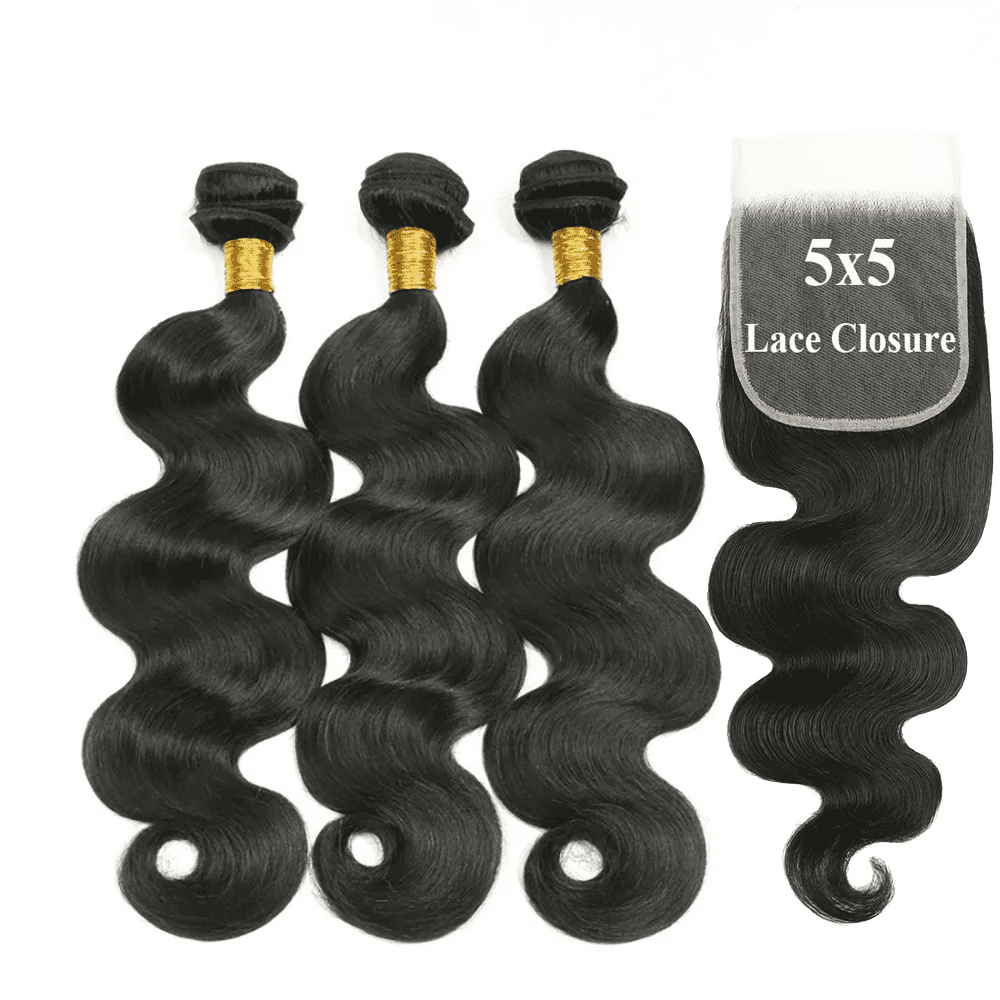 USTAR 5x5 Transparent HD Lace Closure 22 Inch with 3 Bundles Brazilian Virgin Human Hair 22 24 26 Inch, Body Wave Natural Black Salon-Quality Deal
