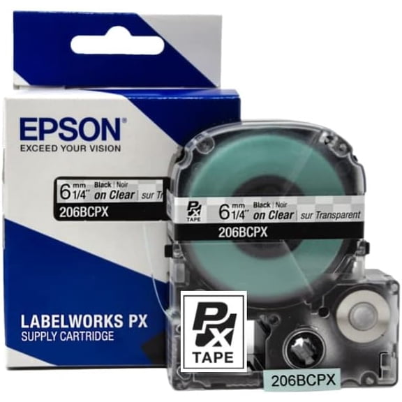 Epson LABELWORKS 206BCPX - Black on Clear PET Label Maker Tape - 1/4" (6MM) Wide, 30'