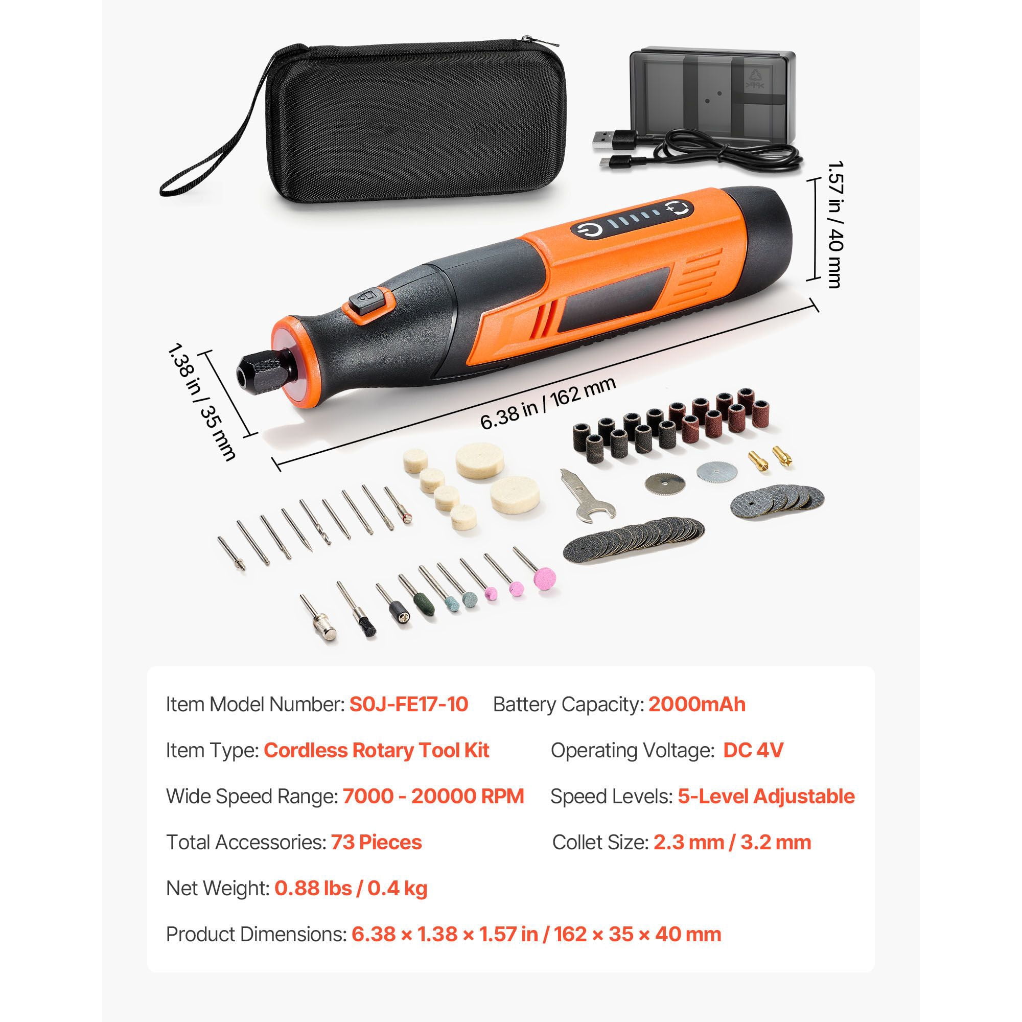 4V Cordless Rotary Tool Kit, 5 Variable Speed 7000-20000 RPM 73 Accessories Set, 2000mAh Battery Type-C Charging Portable Multi Tool for Cutting Carving Polishing Sanding DIY Craft