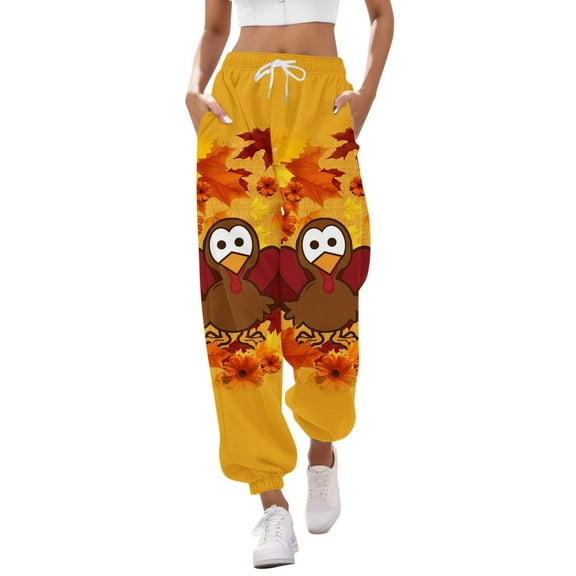 Fiaer Thanksgiving Sweatpants Women Cute Funny Graphic High Waisted Pants Plus Size Casual Trendy Drawstring Trousers with Pocket Yellow XL