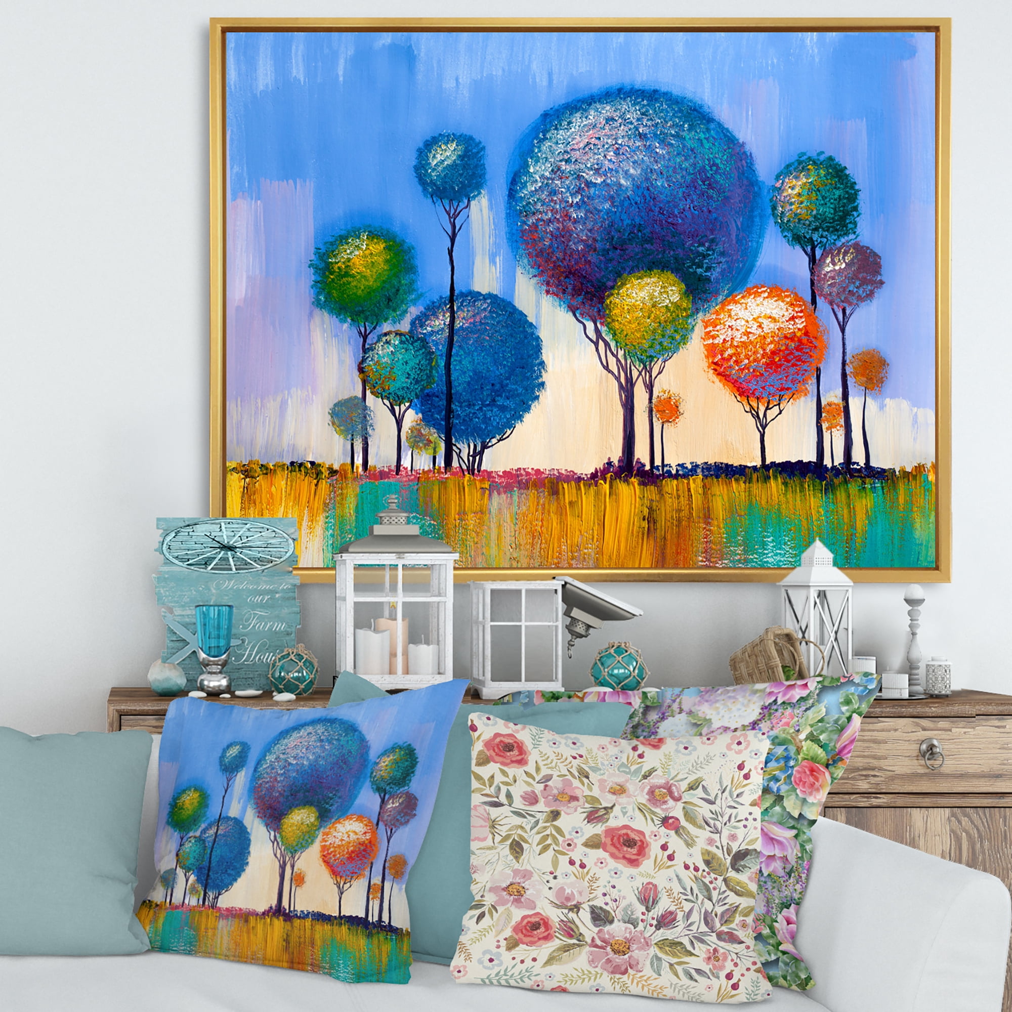 Designart 'Colourful Landscape Trees Impressionist I' Modern Framed Canvas Wall Art Print