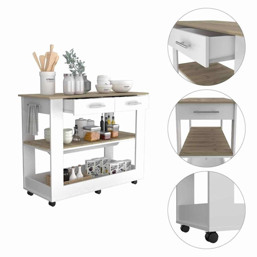 FM FURNITURE Brooklyn 46 Kitchen Island with Two Drawers Engineered Wood White