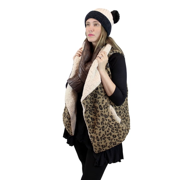 Soft Sherpa Vest High Low Open Front Fits Medium to Large Cheetah Print