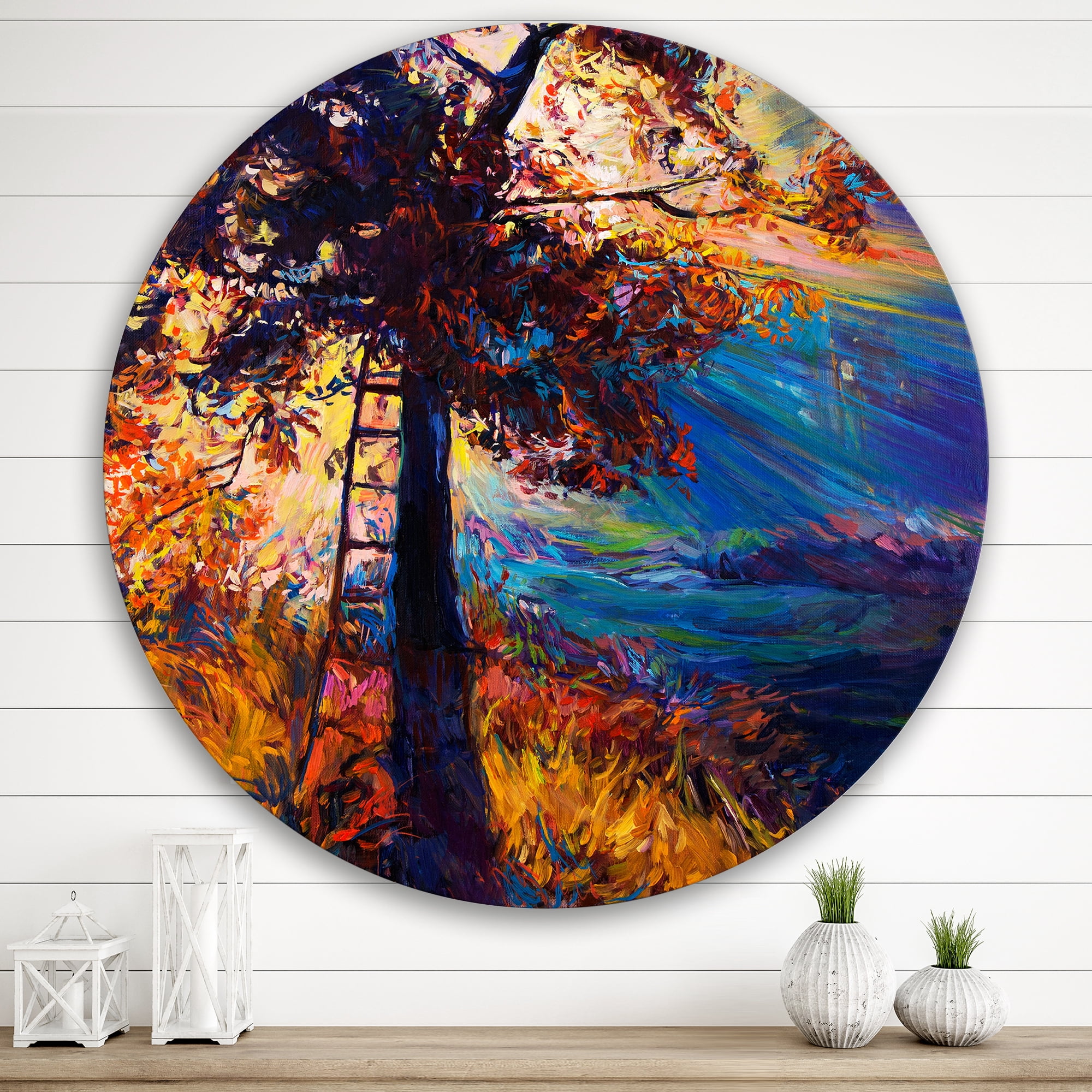 Designart 'Silhouette Of Autumn Tree In The Sunset Glow' Traditional Circle Metal Wall Art 36x36 - Disc of 36