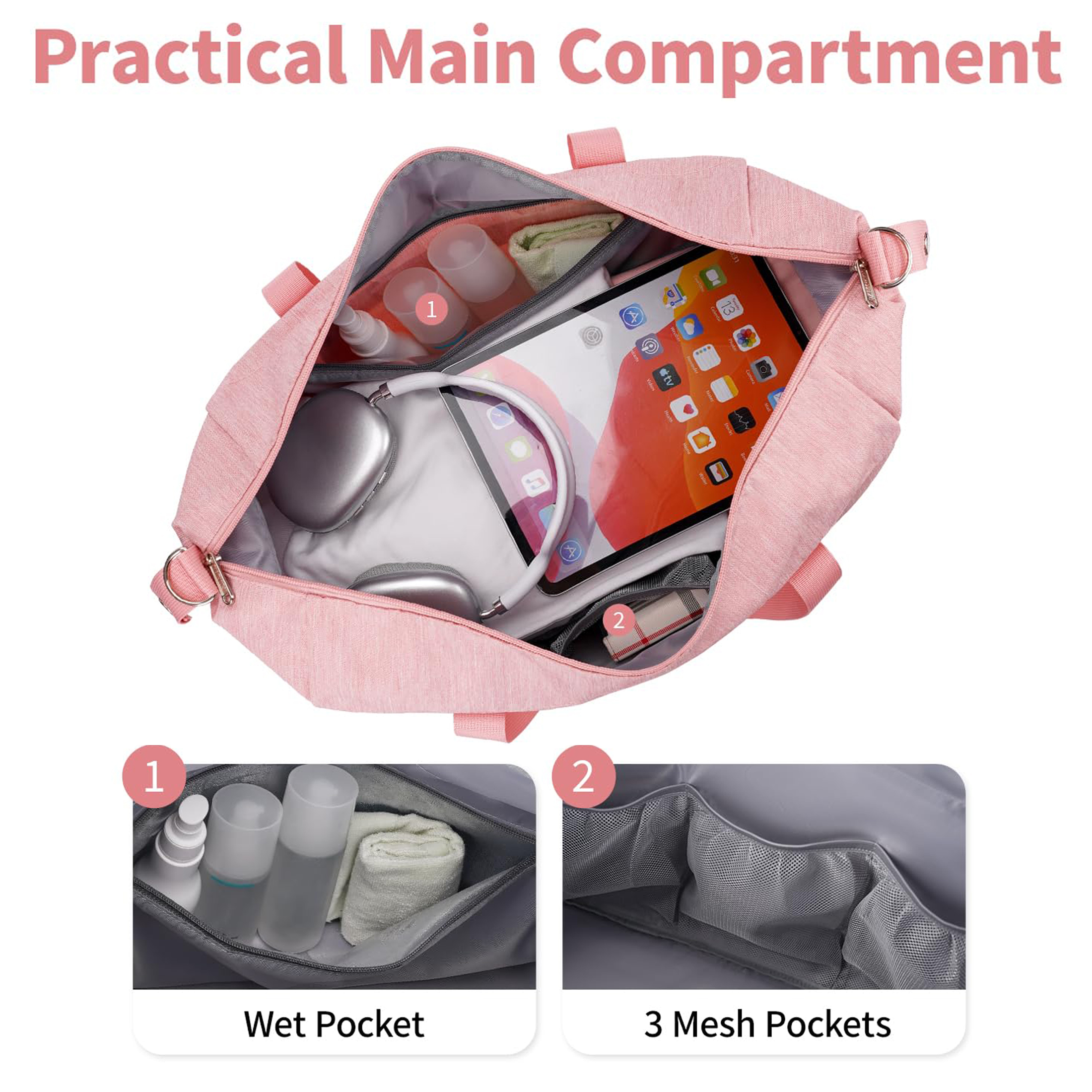 Carry on Underseat Bag Airplane Approved for Travel, Duffel Bag with Adjustable Straps & Wet Pocket for Women and Men for Weekender Gym, 30L, Pink