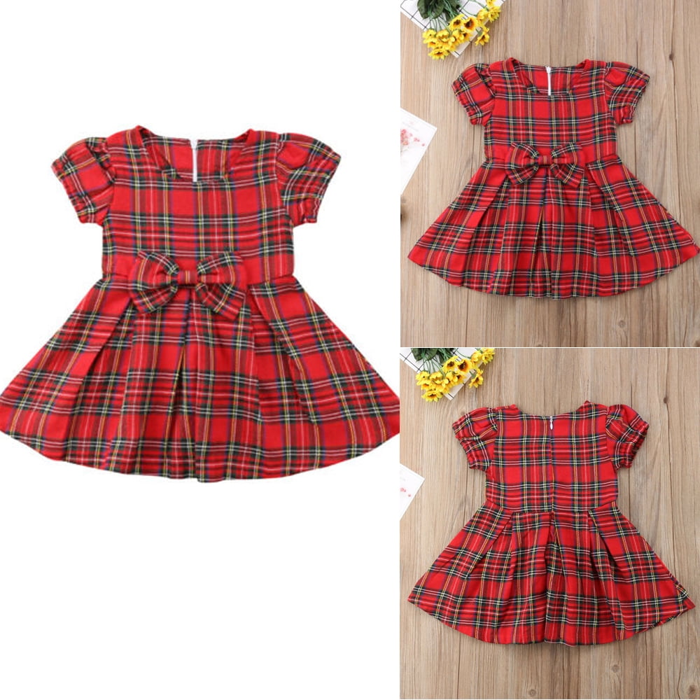 Infant Kid Baby Girl Princess Party Dress Red Plaid Bowknot Tutu