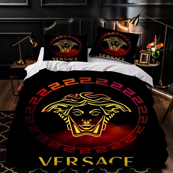 3-Piece Duvet Cover Set - Luxurious Black & Gold Bedding Vibrant Red & Yellow Accents Elegant Modern Style