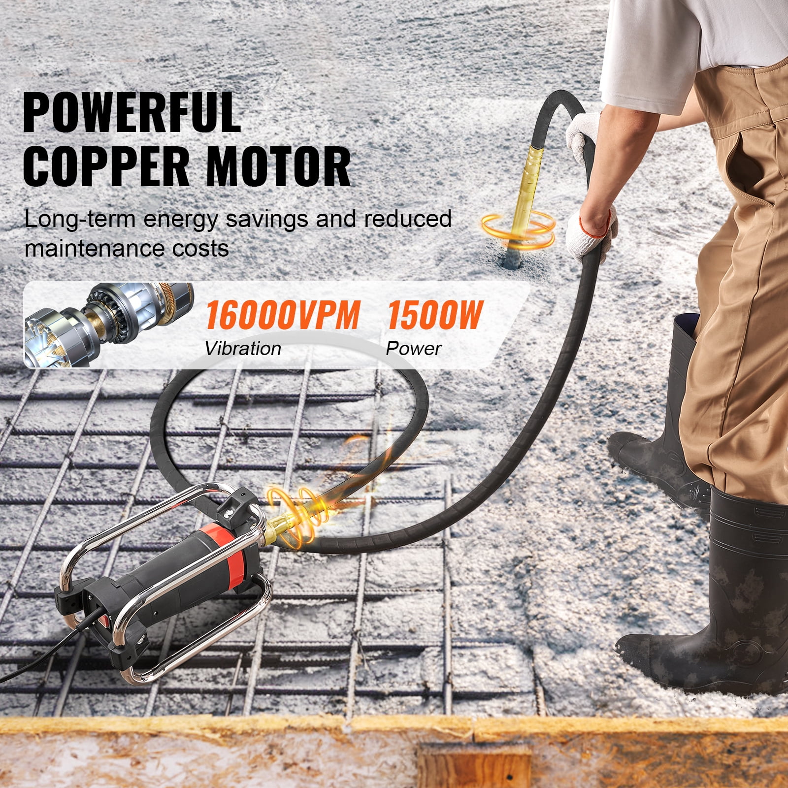 SKYSHALO Electric Concrete Vibrator 1500W 14-3/4 feet Poker to Remove Air Bubbles