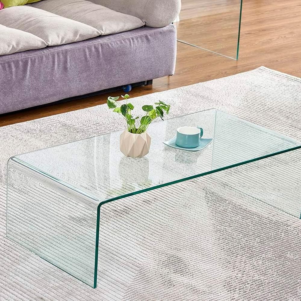 Heavenly Collection Grande table basse en verre transparent, grande table basse en verre transparent, grande table basse en verre non trempé, grande table basse en verre courbé, table basse cascade, g