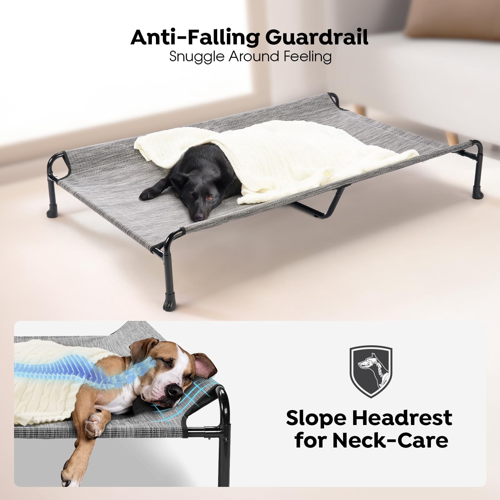 Elevated Dog Bed  Raised Cots For Large Dogs Waterproof Outdoor Pet Hammock With Guardrail Upgraded Non-slip Feet Breathable Teslin Mesh Black 53x 33 Inches