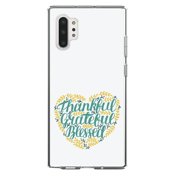 DistinctInk Clear Shockproof Hybrid Case for Galaxy Note 10 PLUS (6.8" Screen) - TPU Bumper, Acrylic Back, Tempered Glass Screen Protector - Thankful / Grateful / Blessed - Heart Flowers