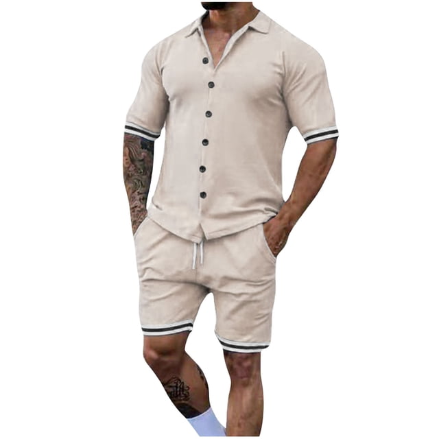 Mangas de Mano para Hombres, Color Sólido Botón de Solapa de Manga Corta Cardigan Y Pantalones Cortos Conjunto de Traje Deportivo Hecho de Poliéster, Conjunto de Traje para Hombre