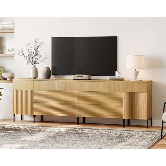 WAMPAT 4-in-1 Modern Entertainment Center for TVs up to 100",94.5" Fluted TV Stand with Charging Station,Wood Media Console Table with 8 Drawers & 2 Doors,TV Console with Storage for Living Room