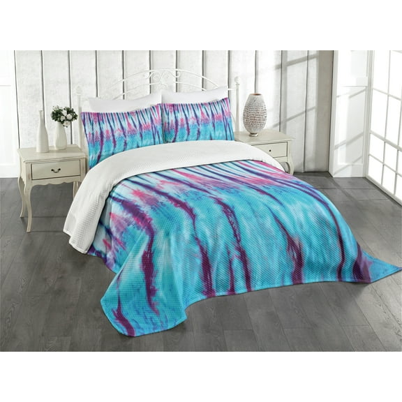 Ambesonne Ombre Quilted Bedspread Set 3 Pcs, Retro 60's Style Hippie, Queen Size, Blue Pink