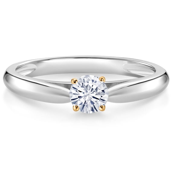 Gem Stone King 10K White and Yellow Gold White Moissanite Solitaire Engagement Ring for Women (0.23 Cttw, Gemstone, Round 4MM, Size 8)