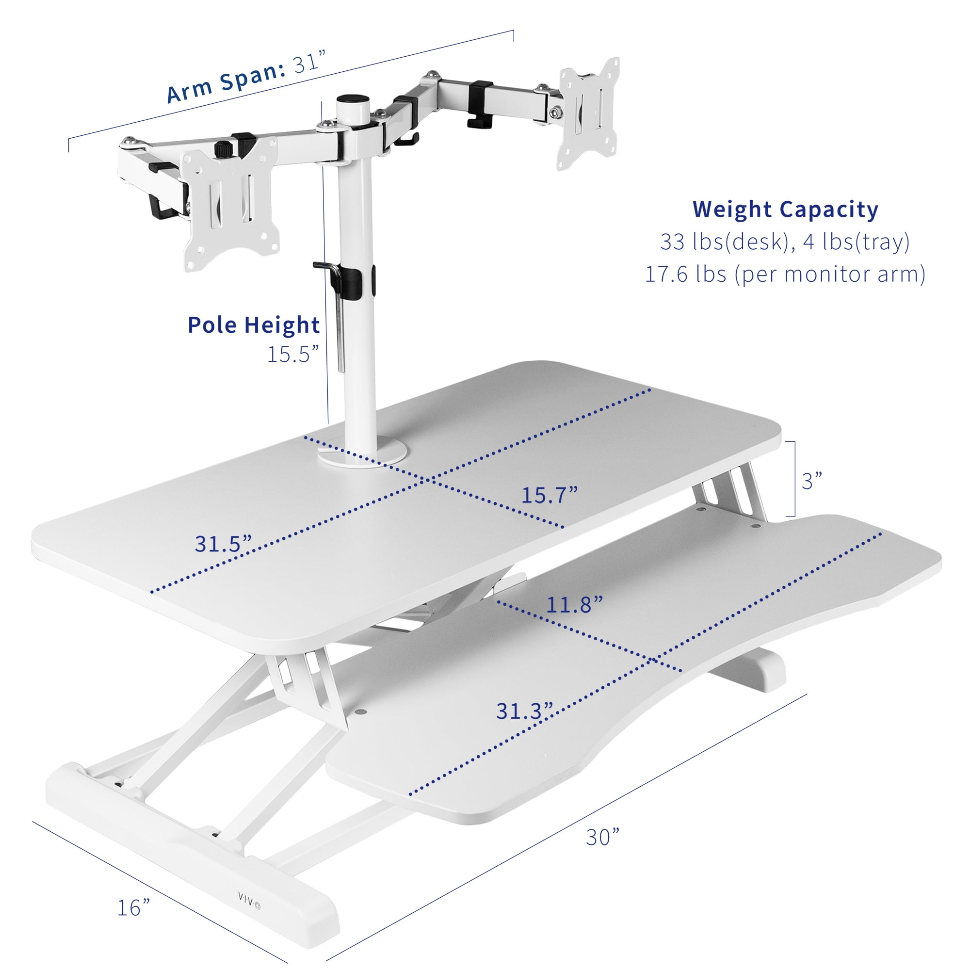 VIVO White 32" Standing Desk Riser with Adjustable Dual 13" to 30" Monitor Mount