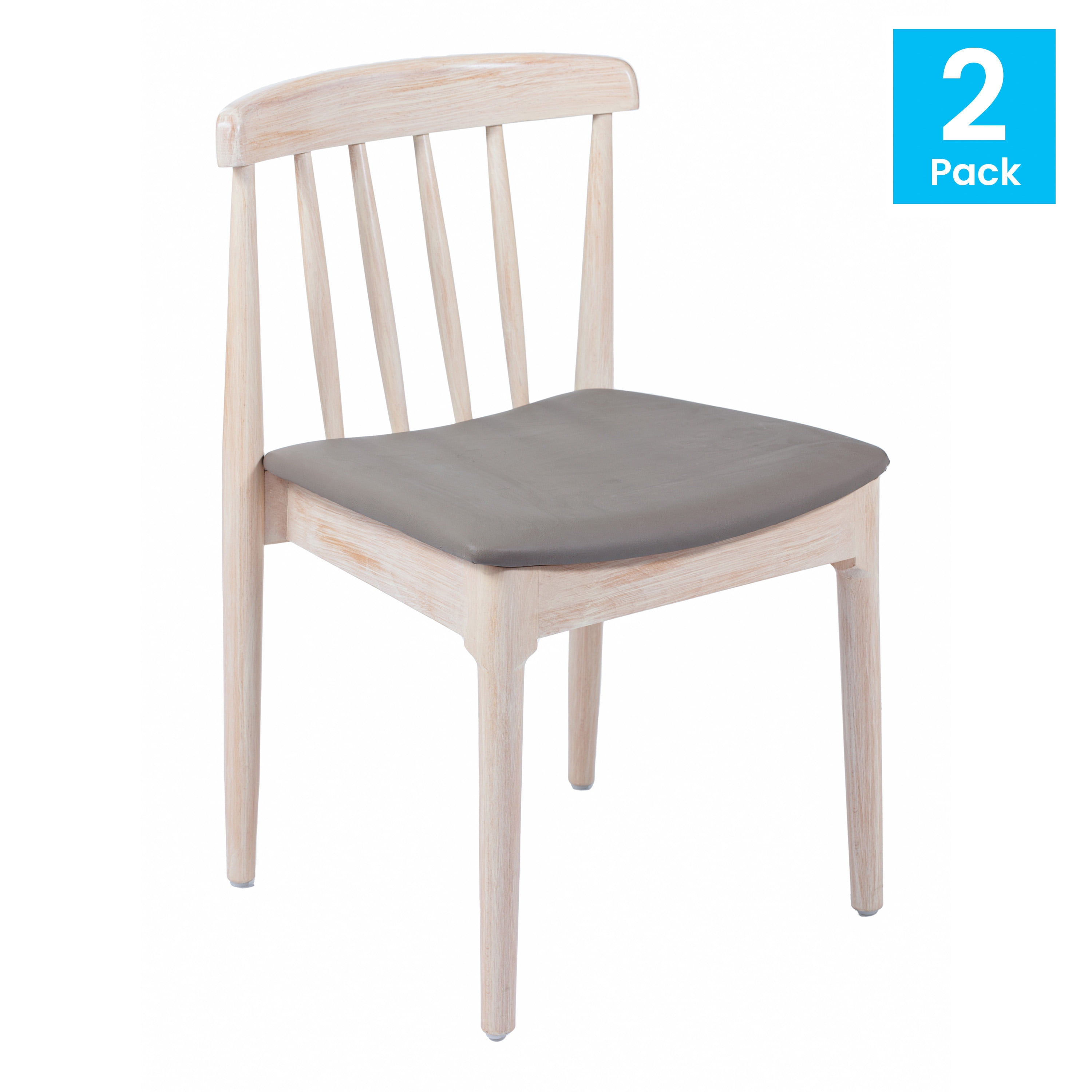 Emma + Oliver Set of 2 Solid Wood Dining Chairs with Spindle Backrests and Vinyl Seats, Antique White/Beige