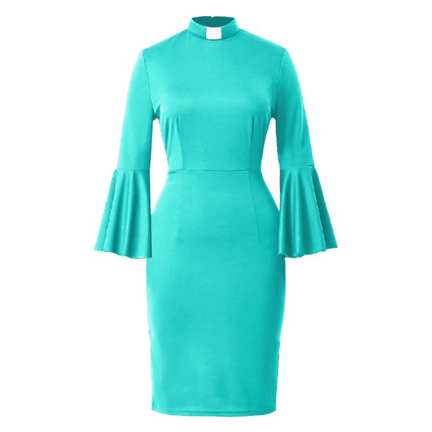 BPURB Women's Clergy Church Dress - Flounce Sleeve Pencil Dress With Tab Collar Insert