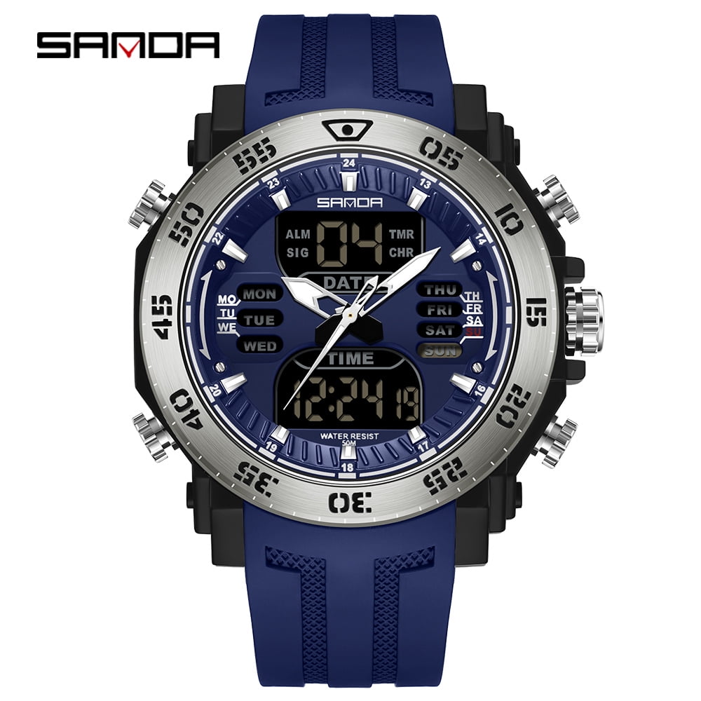 Sanda Men's Analog Sports Watch, LED Large Face Waterproof Wrist Watches, Dual Dial Digital Analog Watches for Men  6029