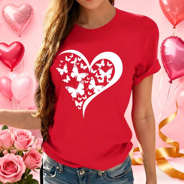 Xuyuer Valentines Shirts for Women Love Heart Tshirt Cute Graphic Tee Tops Women's Printed Round Neck Short Sleeved Casual T-shirt Short Sleeved Top Short Sleeve Valentines