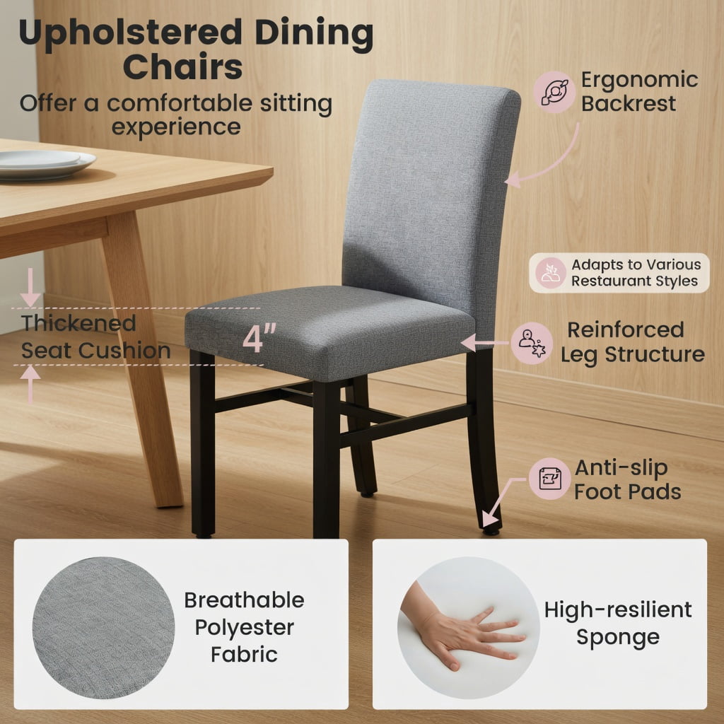 2-Pack Mid-Century Modern Dining Chairs – Gray & Black Rubber Wood Frame, Polyester Upholstered, 400 lb Capacity, Ergonomic High-Back Design