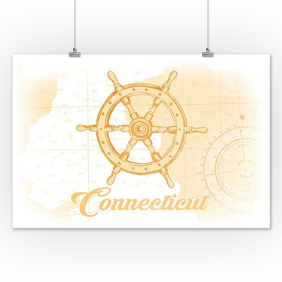 Connecticut - Ship Wheel - Yellow - Coastal Icon - Lantern Press Artwork (12x18 Art Print, Wall Decor Travel Poster)